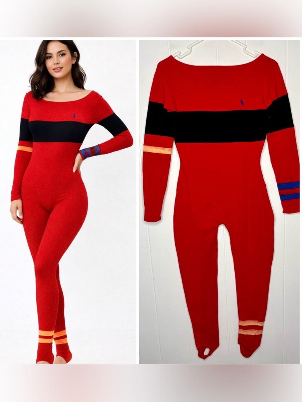 VINTAGE Ralph Lauren POLO Red Black Leotard Ski Outfit Stirrups One Piece 90’s